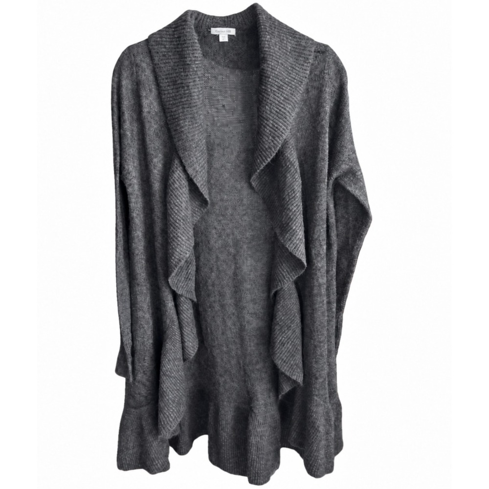 Garnet Hill Cardigan Sweater Women Large Gray Ruffle Waterfall Mohair Wool Knit